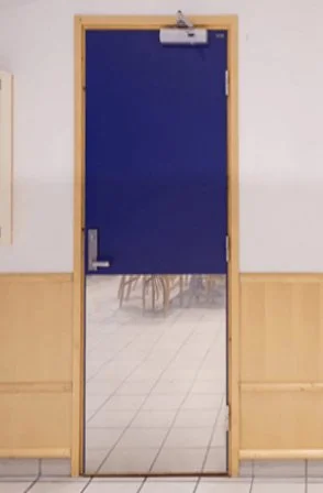 The Polished Stainless Steel Kickplate is installed on a dark blue door.