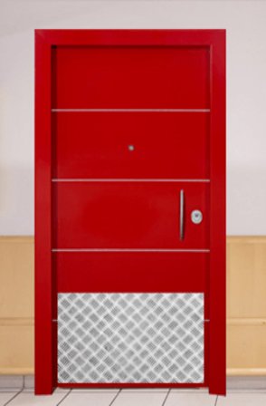 The Aluminum Treadplate kickplate is installed on a red color door